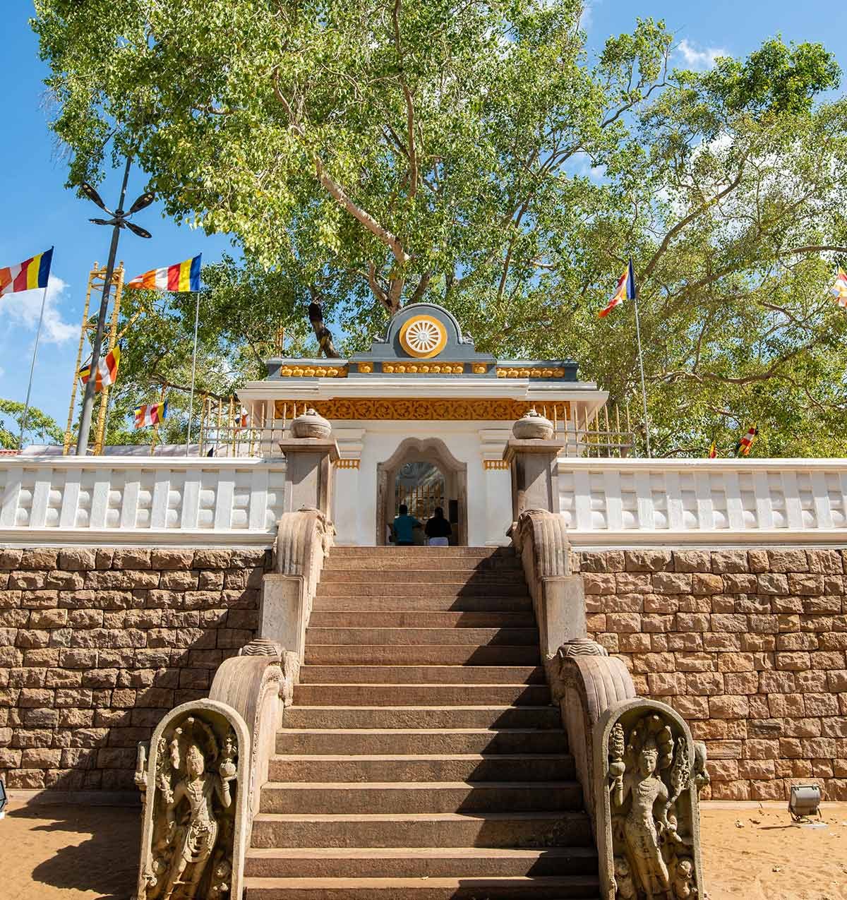 Stone stairway with carved guardstones leading up to the shrine of the Jaya Sri Maha Bodhi tree in Anuradhapura